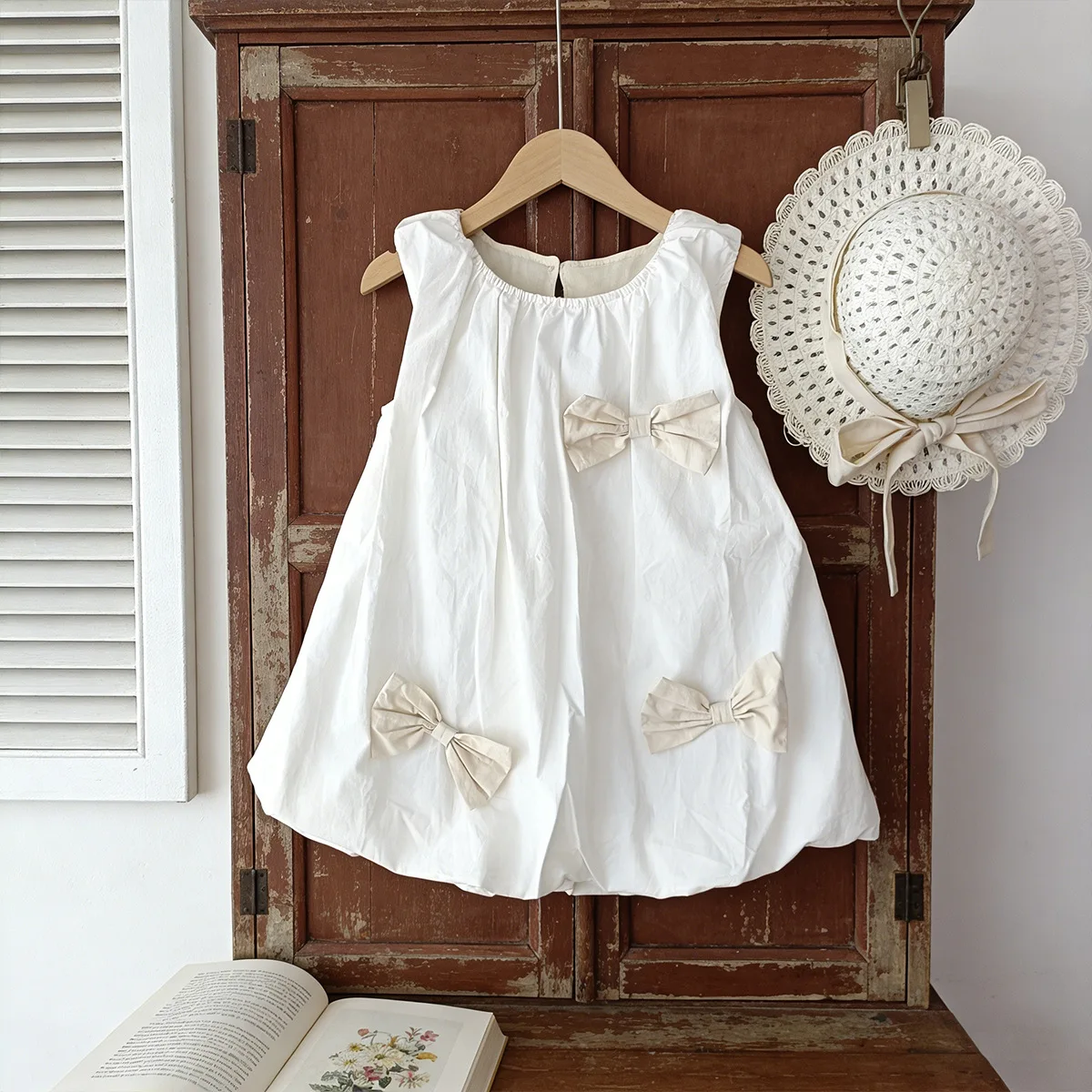 

2026 Summer New Children Sleeveless Dress + Hat Cotton Girls 3d Bow Princess Dress Baby Girl Sweet Flower Bud Dress Kids Clothes