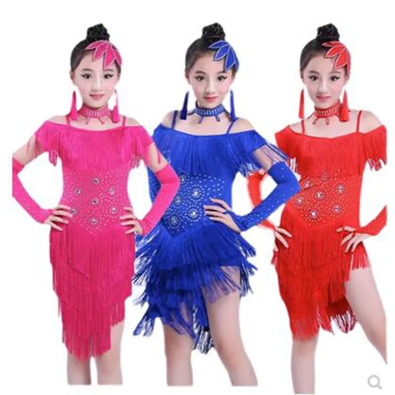 

Girls Latin dance new costumes children Latin dance Rumba Nice samba skirt costumes sequins tassel stage performance clothing