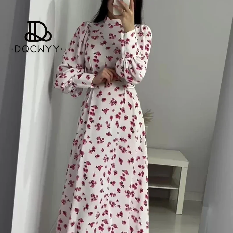 Summer Long Dress 2024 New in French Gentle Style Floral Romantic Forest Style Lace Up Waist Cinched Satin Party Dresses