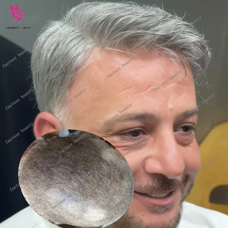 

Мужской парик 1B65 1B80 1B40 с естественной линией роста волос, серый, 100% натуральные человеческие волосы, полностью на тонкой силиконовой основе, суперпрочный капиллярный протез