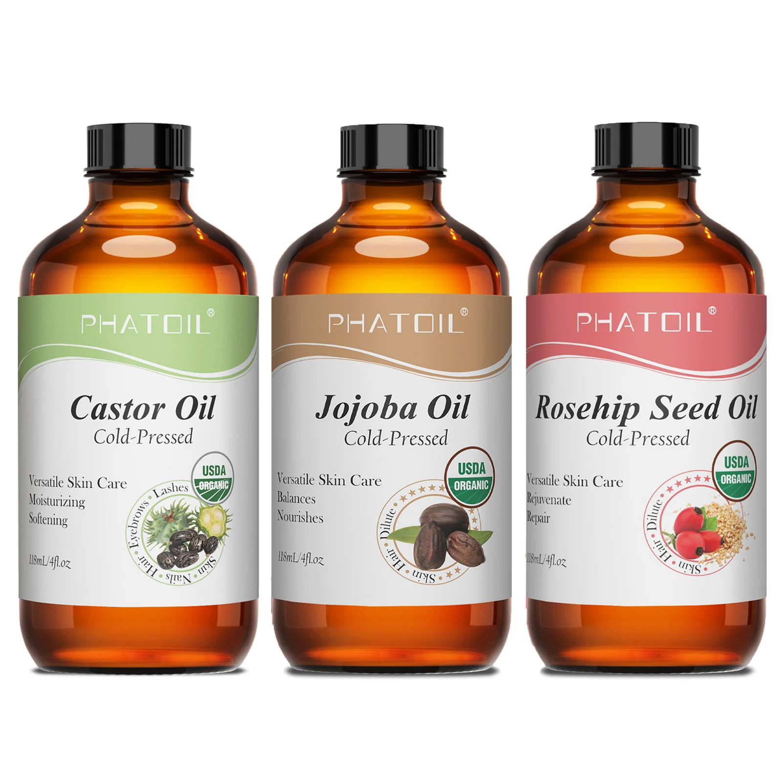 PHATOIL 100% aceite de ricino orgánico de 236 ml, 118 ml, aceite de semilla de rosa mosqueta de jojoba para el cuidado hidratante de la piel, el crecimiento del cabello, pestañas y cejas