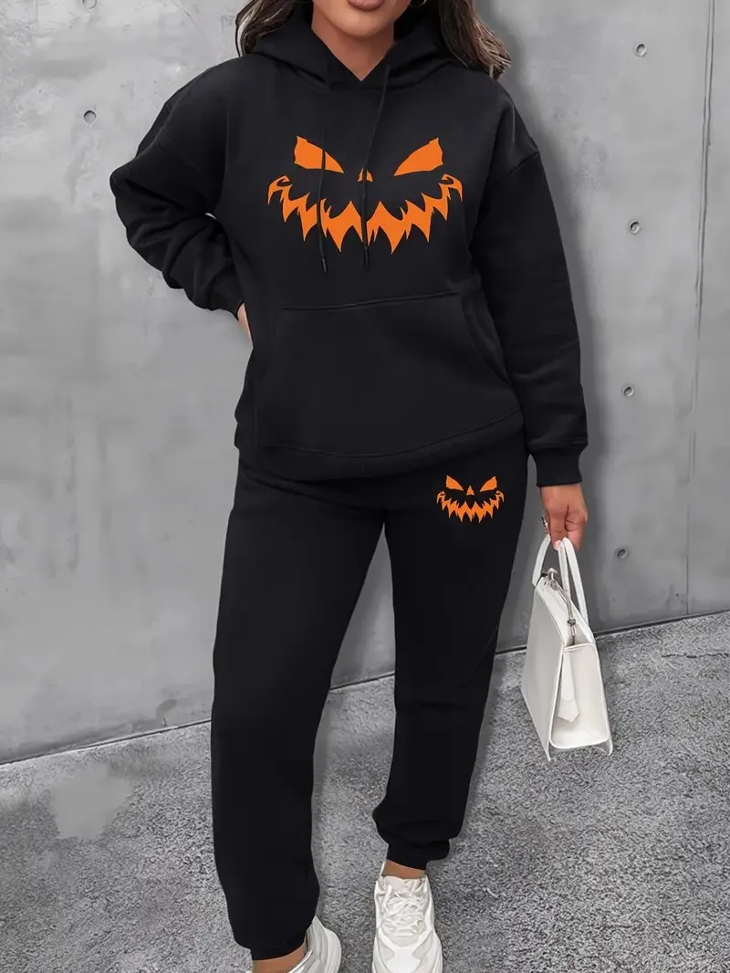 

Halloween Print 2-piece set, women's drawstring hoodie and slim-fit sweatpants set, fall and winter women's wear