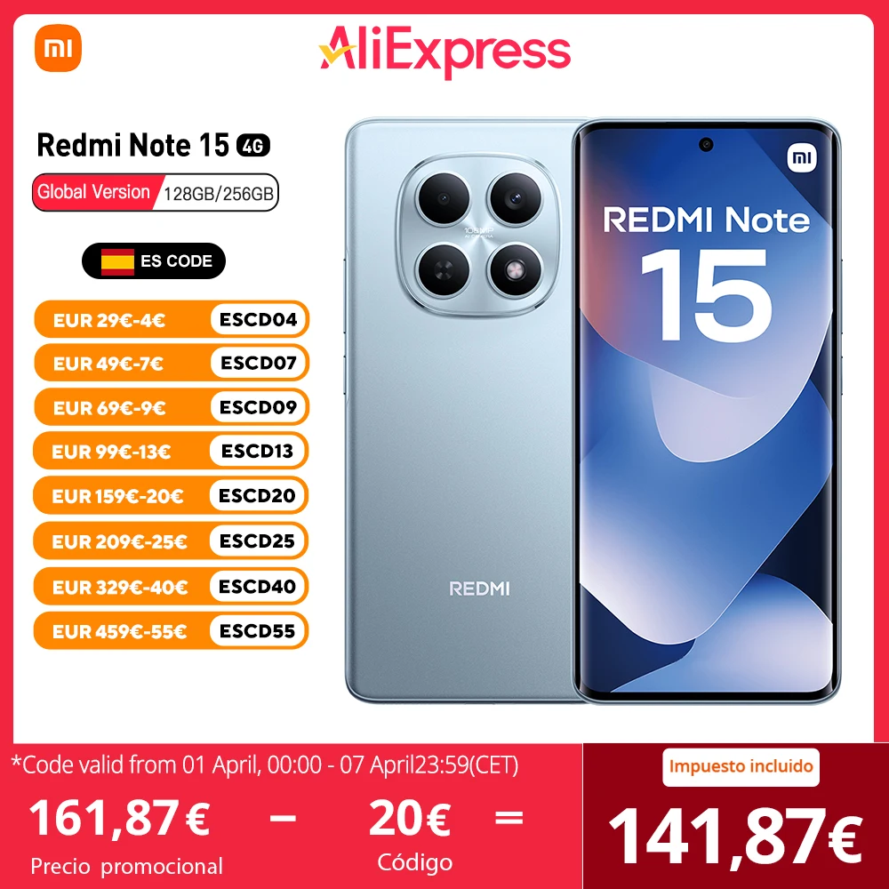 Xiaomi Redmi Note 15 Versión EU 128GB/256GB MTk Helio G100 Ultra, Pantalla AMOLED 6.77", 120Hz, Cámara 108MP, 6000mAh, NFC, IP64