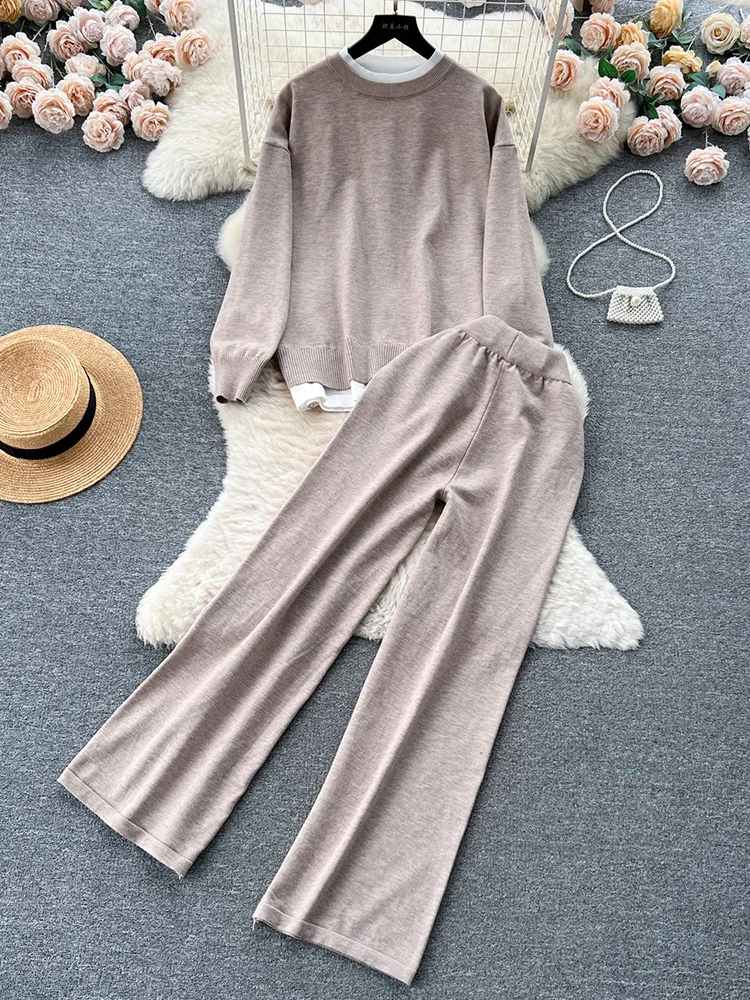 

Croysier Pants Sets 2023 Cozy Casual Knit Set Women Contrast Trim Loose Pulllover Sweater And Straight Leg Trousers 2 Piece Set