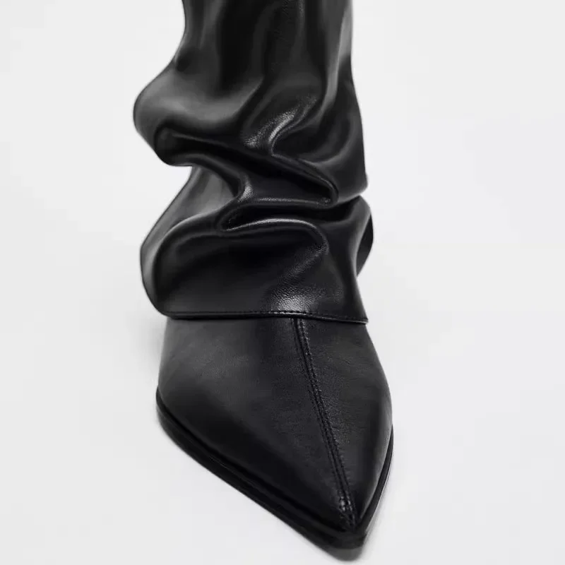 Leather Designer Women Kitten Heel Boots Black Sexy Pointed Toe High Heels Short Boots Ladies Winter Pleated Women Ankle Boots