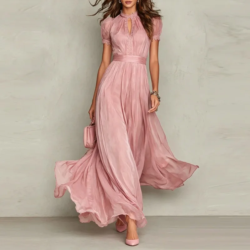 Elegant Chiffon Lace Trim Midi Dress Stand Collar Neck Puff Sleeve Cinched Waist Draped A Line Flowy Women's Casual Dresses