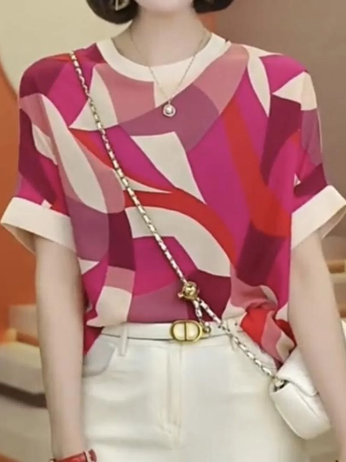 

Ele Свободная женская футболка Summer New Sle с принтом из шифона ort Sve round Ne Korean Sle Comfortable Breeze Feeling