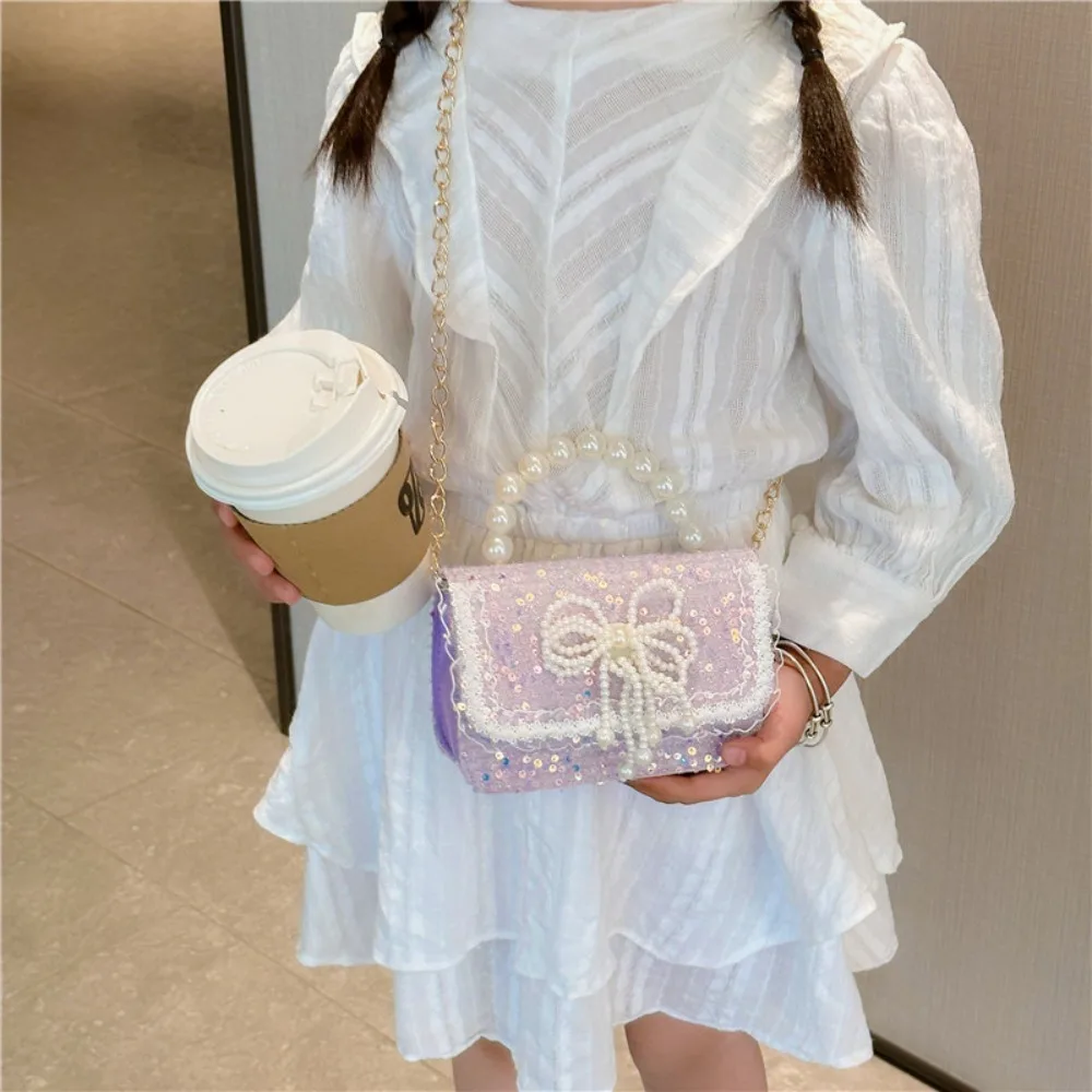 2024 Korean Style Pearl Kid\'s Handbag Lace Bow Princess Shoulder Messenger Bag Sequin Zero Wallet Pocket Pack