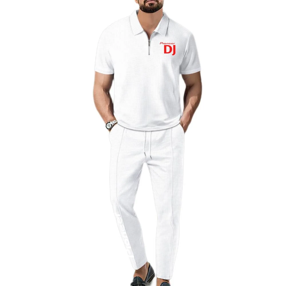 Ensemble Polo et Pantalon Long d'été pour Homme DJ Muziek Pioneer Pro Polos, Tissu Waffle, Manches Courtes, Style Streetwear Zippé, 2 Pièces