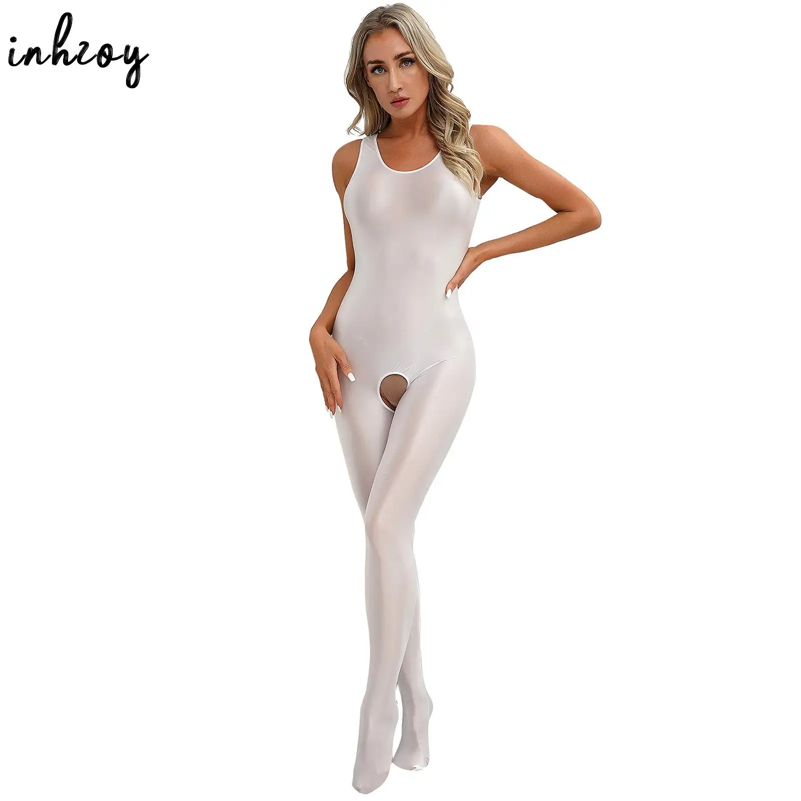 

Sexy Womens Glossy Catsuit Clubwear Open Crotch Pantyhose Sleeveless Footed Jumpsuit Tights Stretchy U Neck Full Length Bodysuit