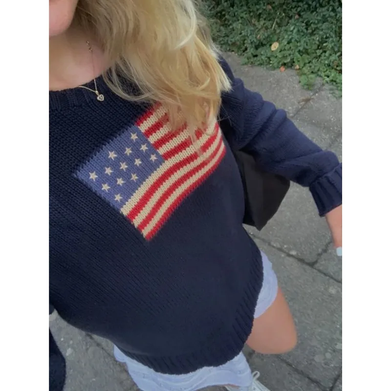 Vintage de malha com bandeira americana feminina, suéteres de manga comprida, pulôver extragrande, tops de inverno, roupas luxuosas, Y2K, estética