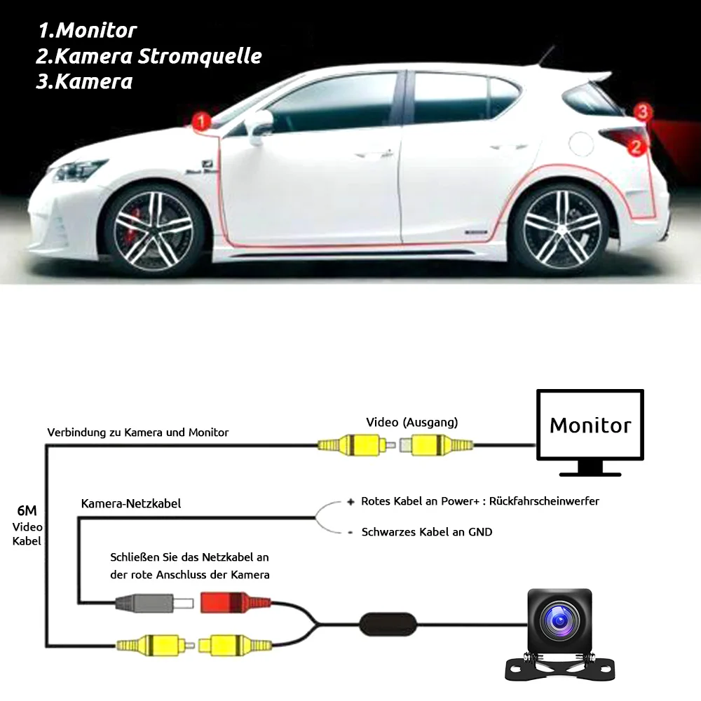 ESSGOO 12V Universelle HD AHD Rückfahrkamera für Autos Nachtsicht Rückfahrkamera IP68 Wasserdicht 120° Weitwinkel