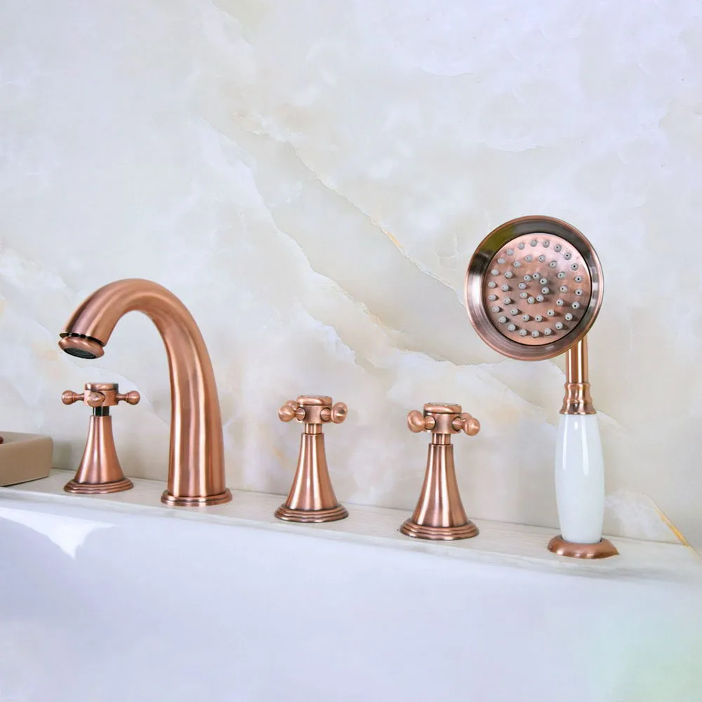 

Red Copper Antique Deck Mounted 5PCS Bathroom Faucet Bathtub Basin Tap Cold Hot Water taps With Three Handles Ntf204