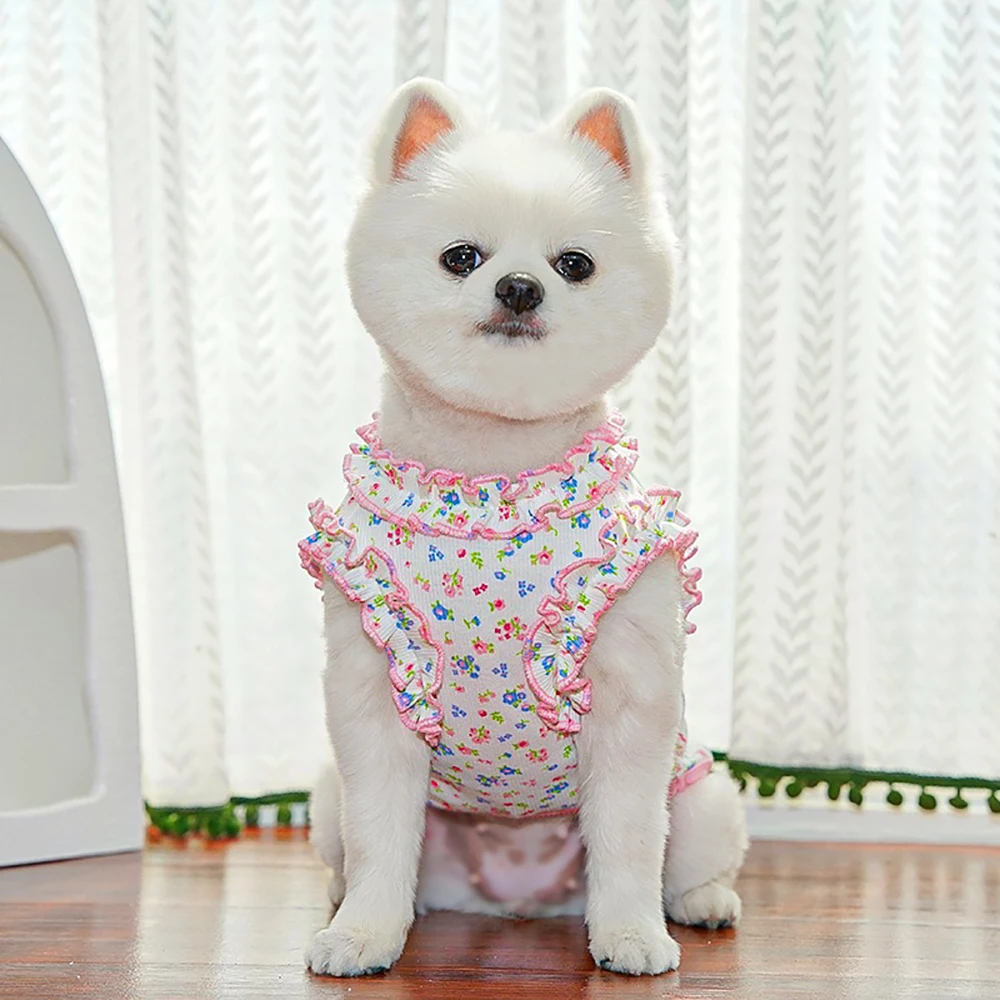 

Fashion Floral Dog Clothes Small and Medium Dogs Rolled Tank Top Pet Cat Two Leg Clothes Bichon Frise Sweet T-Shirt