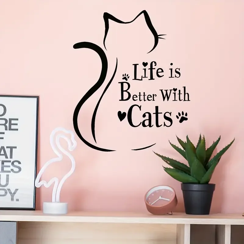 Self-Adhesive Cat Silhouette Wall Decal with 'Life Is Better with Cats' Quote - Modern Minimalist Animal Print Home Decor Sticke