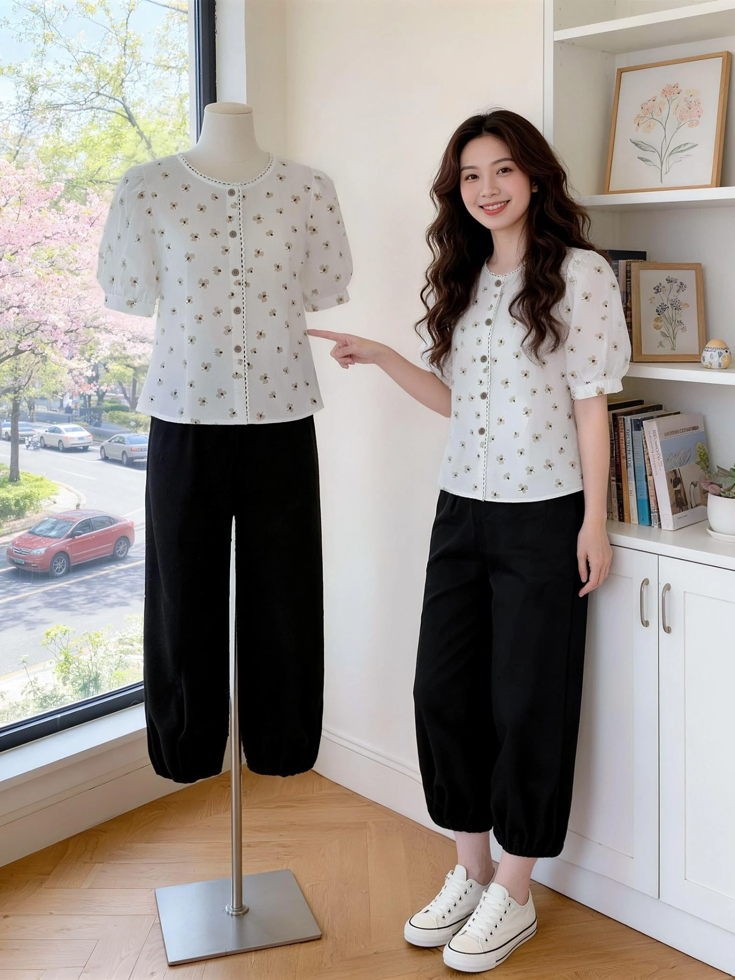 

plus Size Vintage Floral round Neck Casual Shirt Women's High Waist Slimming Nine-Piece Set Beautiful Summer Outfit Two-Piece