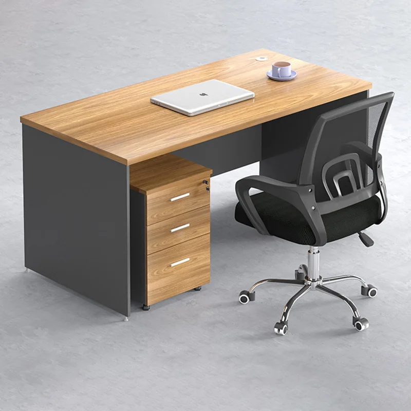 Advanced office workstation execution unit with bookshelves and filing cabinets, modern wooden desks for managers' desks