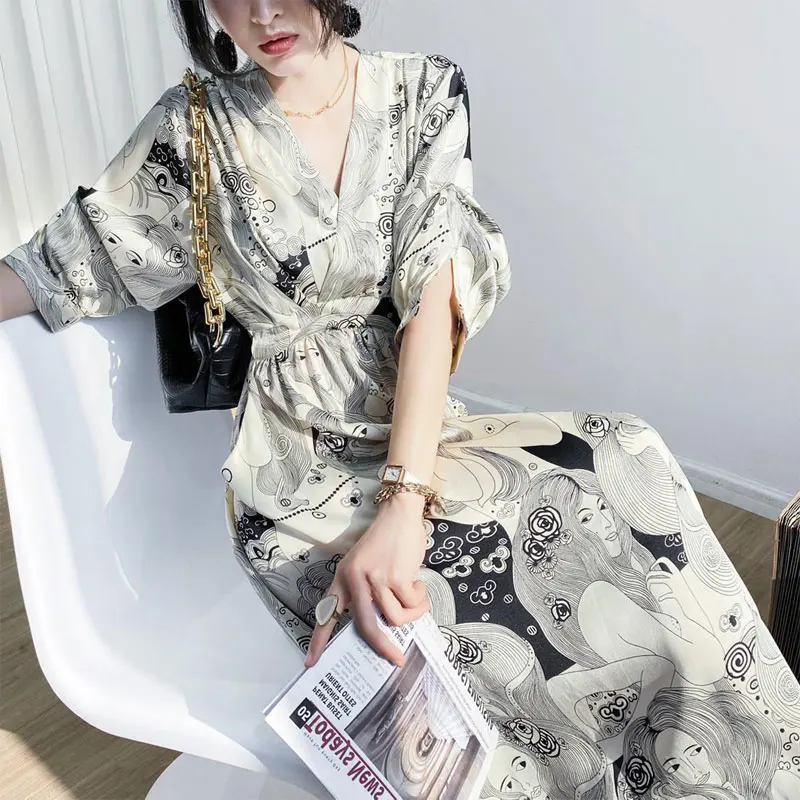 

French Style Vintage Oil Painting Midi Dress Summer Elegant V-Neck Female Clothing Stylish A-Line Waist Casual Loose Dresses New