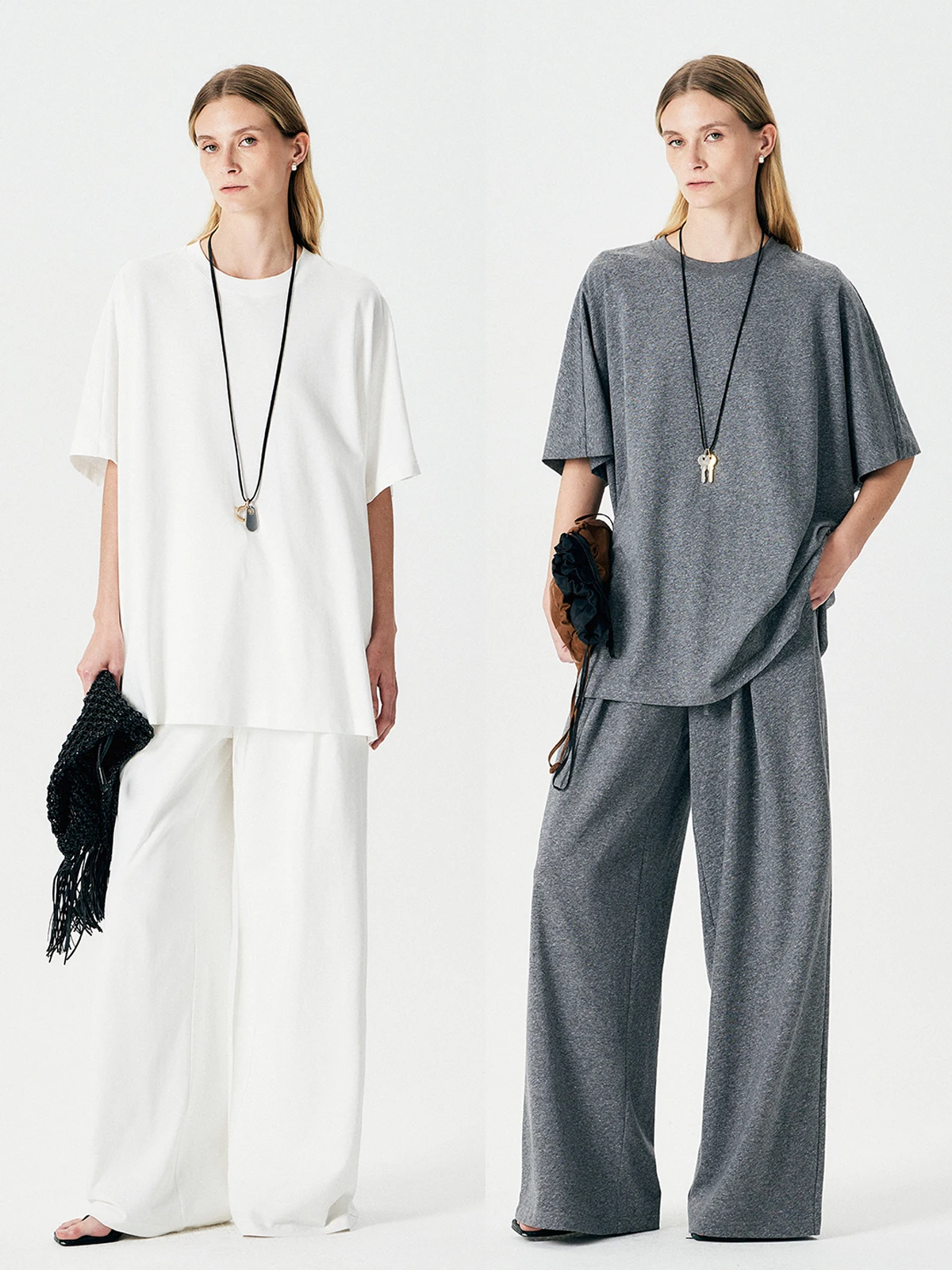 

Thoransaura Haax Cotton ort Sve T-irt Wide Leg Pants round Ne Loose Fit Two Piece Set Women's Spring Faion Casu...