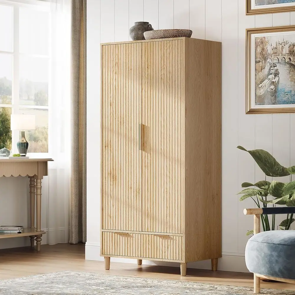 Komorebi Japandi Fluted Oak Wardrobe Armoire in warm minimalist bedroom