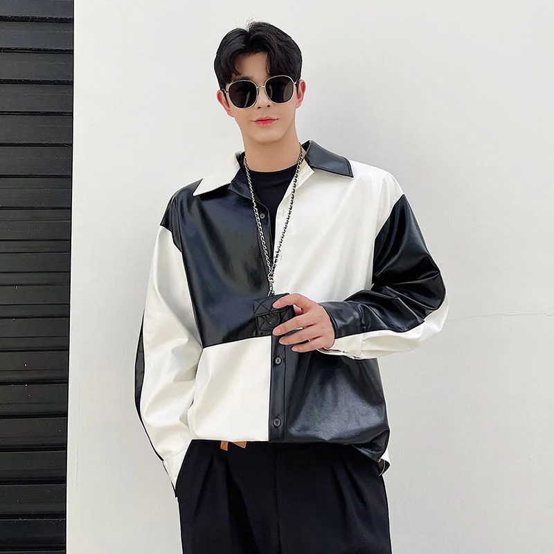 Black Men And White Checkerboard Pattern Color Block Patchwork PU Leather Long Sleeve Shirt 2022 Autumn Ins Streetwear 2177