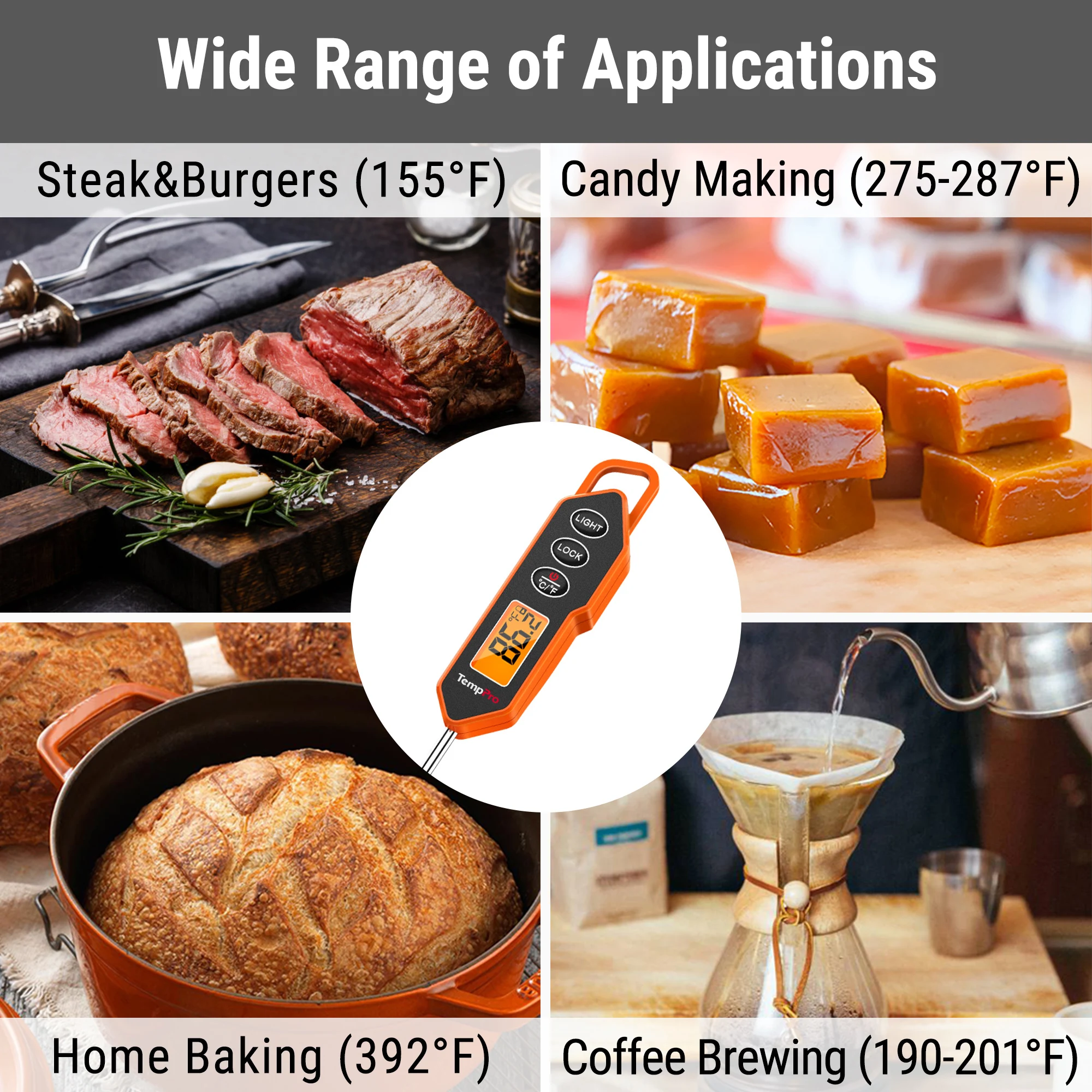 TempPro TP-01H Schnell ablesbares, hintergrundbeleuchtetes digitales Küchen-Fleisch-Grill-Thermometer für Süßigkeiten, Frittiertes, Grillen und Kochen – Detail 6