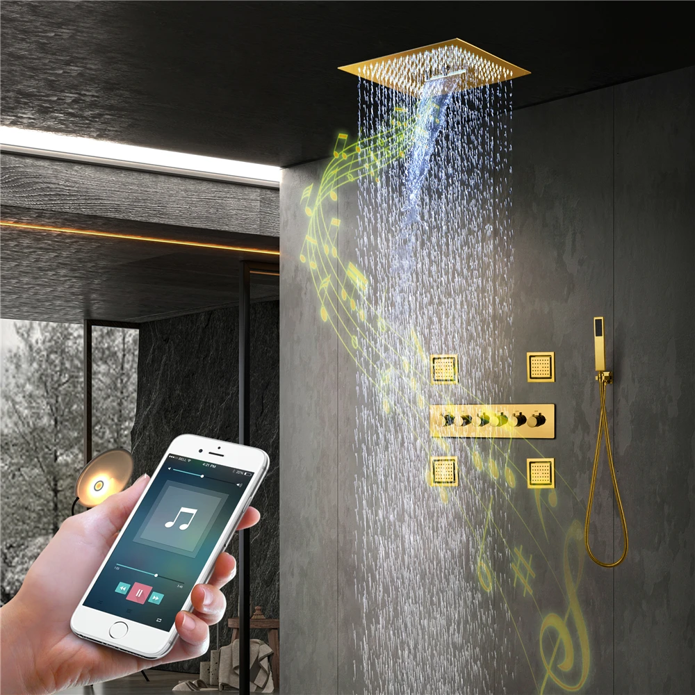 LED Shower Head Music Speaker Ceramic Valve Brass Thermostatic Faucet Gold Finish Modern Design Rain Waterfall Spray Patterns