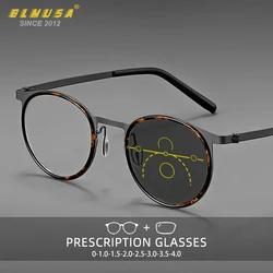 Blmusa Vintage Ronde Optische Frame Anti Blauw Licht Leesbril Voor Mannen Ultralichte Titanium Progressieve Fotochrome Bril