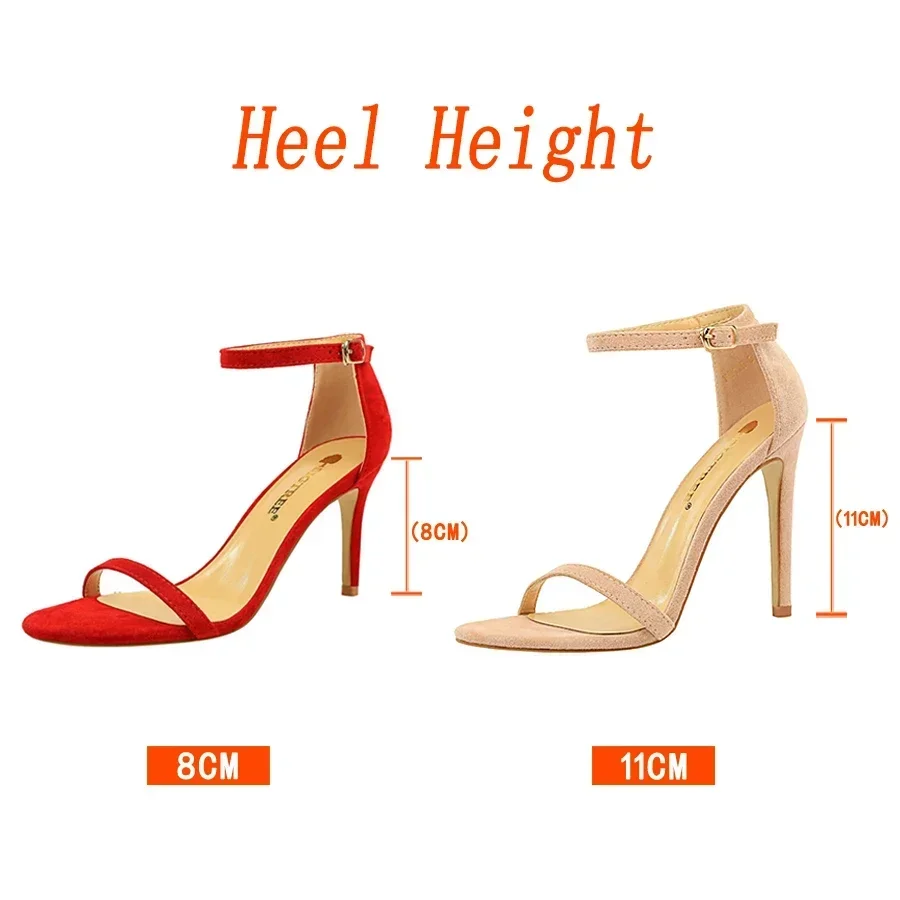 Women Classic Ankle Strap 8cm 11cm High Heels Vacation New Sandals Lady Red Brown Flock Stiletto Open Toe Mid Low Heels Sandles