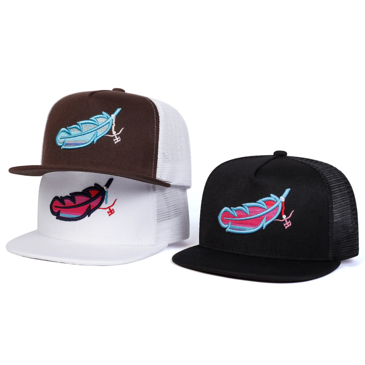 

Adjustable Feather Embroidered Hip Hop Hat Baseball Cap Mesh Hat for Casual Outdoor Use, Unisex Sun Protection