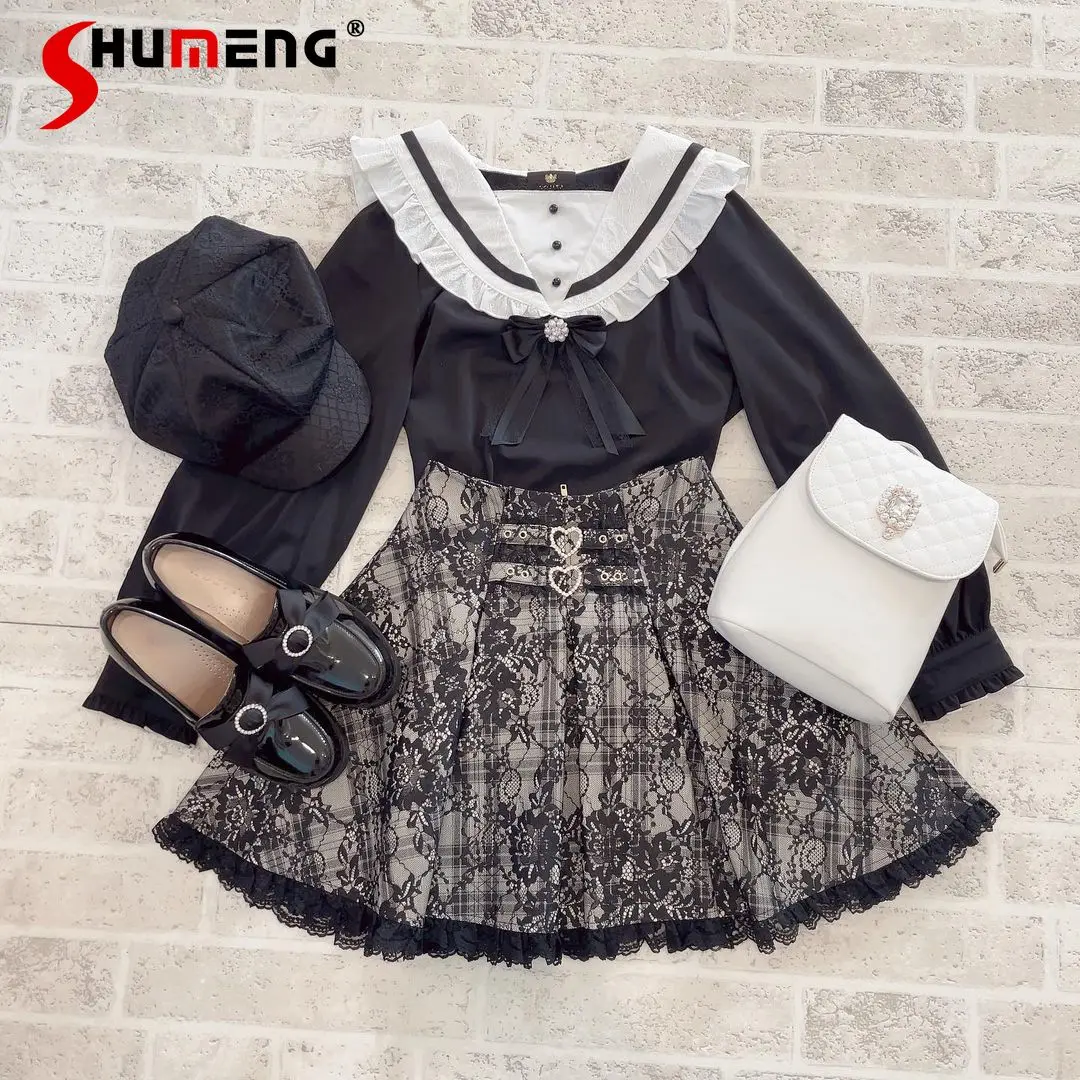 Lolita Mine Mass-Produced Lace Sailor Collar Shirt for Women Spring  and Autumn New Sweet Strap Brooch Pink Black Blouse Female