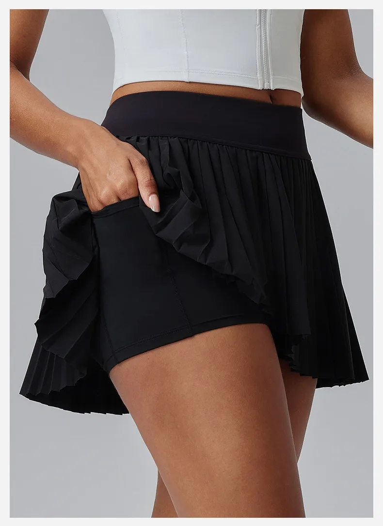 حجم كبير S-3XL وهمية قطعتين التنانير التنس 2 في 1 الرياضة Skorts مع جيوب عالية الخصر مطوي بسط البطن التحكم التنانير #4