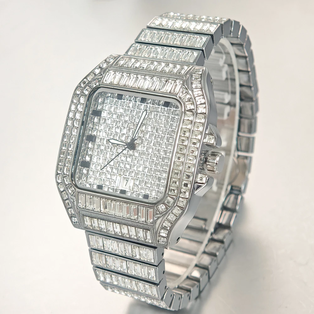 ساعة UNIGUET Rose Ice Square للرجال من الفولاذ المقاوم للصدأ ساعات كوارتز فاخرة للرجال هيب هوب مستطيلة من الماس والمجوهرات