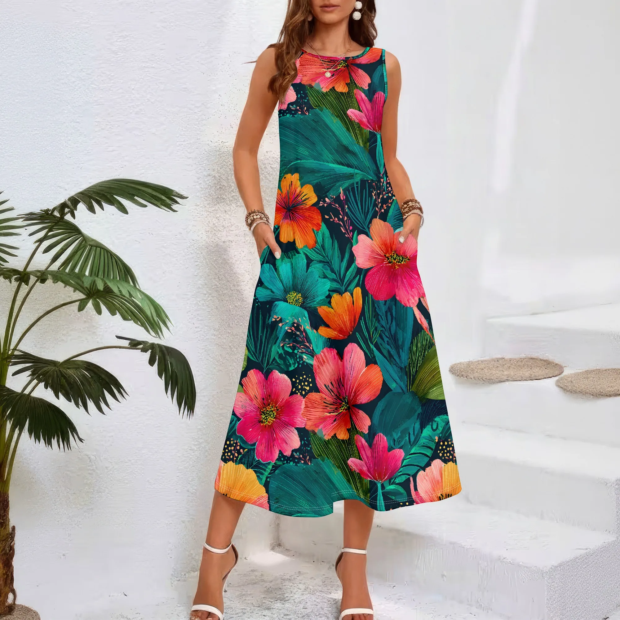 Floral Print Sleeveless Maxi Dress, Tropical Leaves Pattern, Summer Beach Sundress, Pockets, Vacation Wear, S-2XL