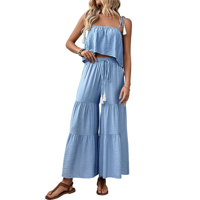 

Women Sets Tank Top Two Piece Set Crop Camisole Solid Color Light Blue Sleeveless Top High Waist Pants Vest Top Summer Sweet