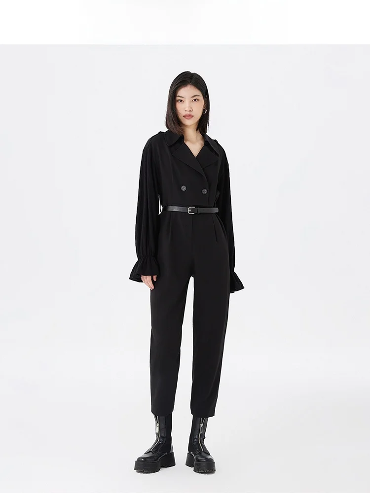 จั๊มสูทผู้หญิง แบรนด์ Ele สำหรับฤดูใบไม้ผลิและฤดูร้อน ปกเสื้อพับได้ กางเกงขายาวทรงแคปรี แฟชั่น ทรงแครอท ขาเรียว เอวสูง ใส่ได้หลากหลาย