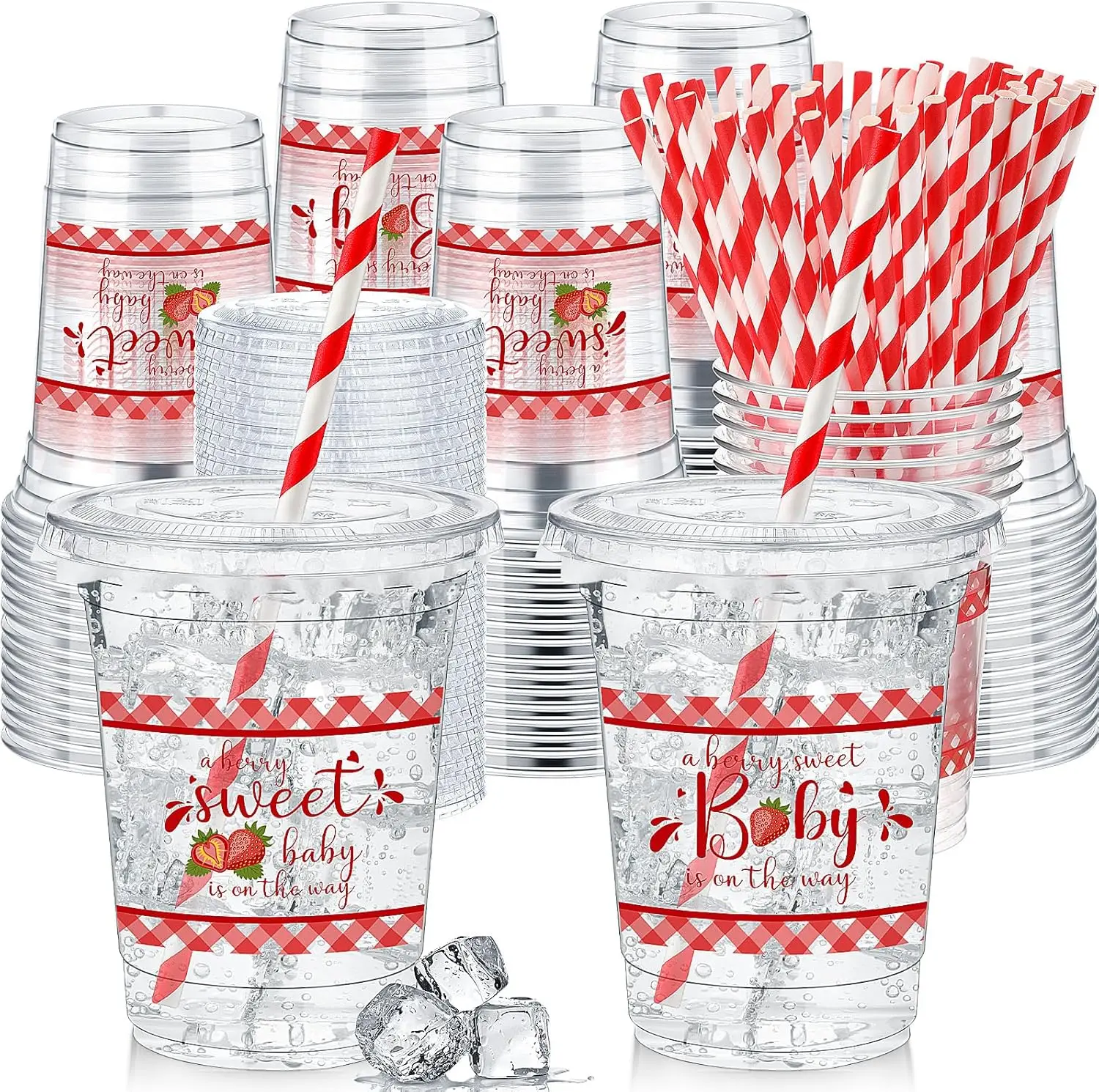 

50 Pcs Strawberry Baby Shower Party Plastic Cup 12 oz a Little Strawberry Is on The Way Thick Clear Cup Lids Straws Autu