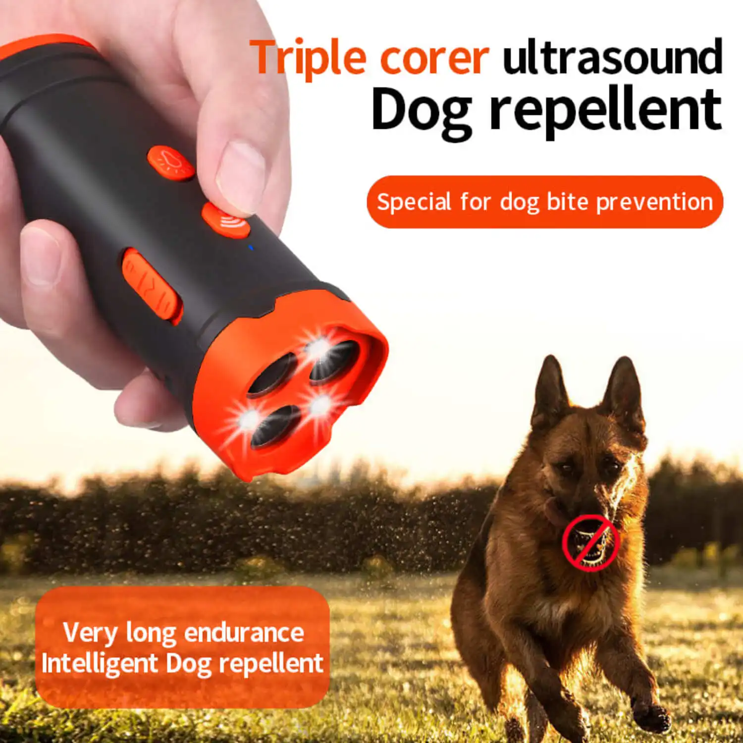 Ultrasonic Dog Repeller with LED Light Tri-core High Power Portable Handheld Ultrasonic Dog Trainer Repels Large Vicious Dogs