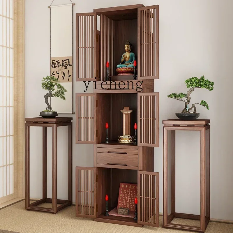 r5.13 shrine three-layer new Chinese black walnut solid wood shrine cabinet with door three-layer Buddhist niche household