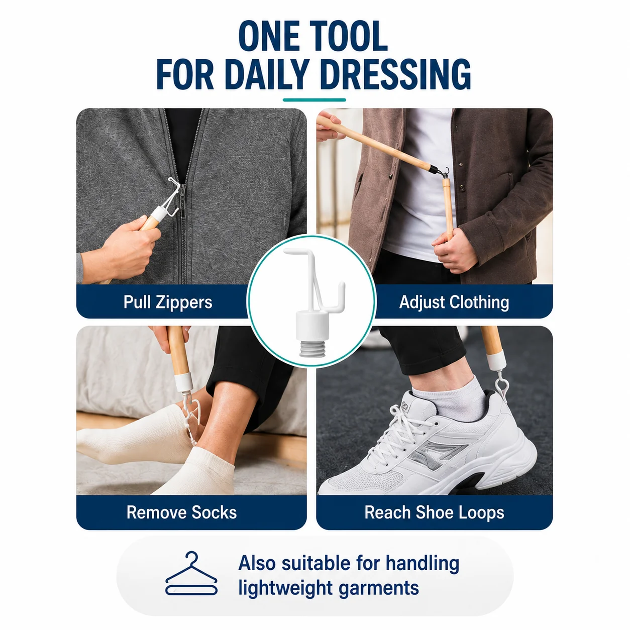 2-in-1 Dressing Stick with Shoe Horn & Sock Aid Detachable Wooden Dressing Stick Mobility Aid for Elderly, Post-Surgery Recovery view 5