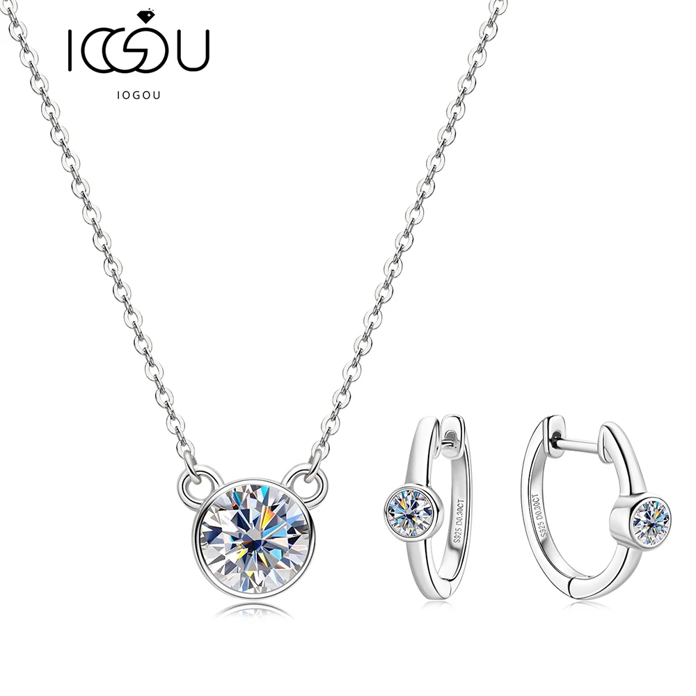 IOGOU VVS1 D Color Real Moissanite Jewelry Sets Women 925 Sterling Silver Hoop Earrings Necklace Anniversary Birthday Party Gift