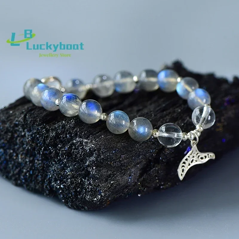 Natural Gray Moonlight Long Stones Diy Bracelet S925 Pure Silver Fantasy Blue Light Romantic Fishtail Niche Ins Female
