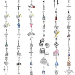 New Fine Bead 925 Silver Plat Eiffel Tower Cross Religion safety Pendant Dangle For original  Charm DIY Jewelry Bracelet