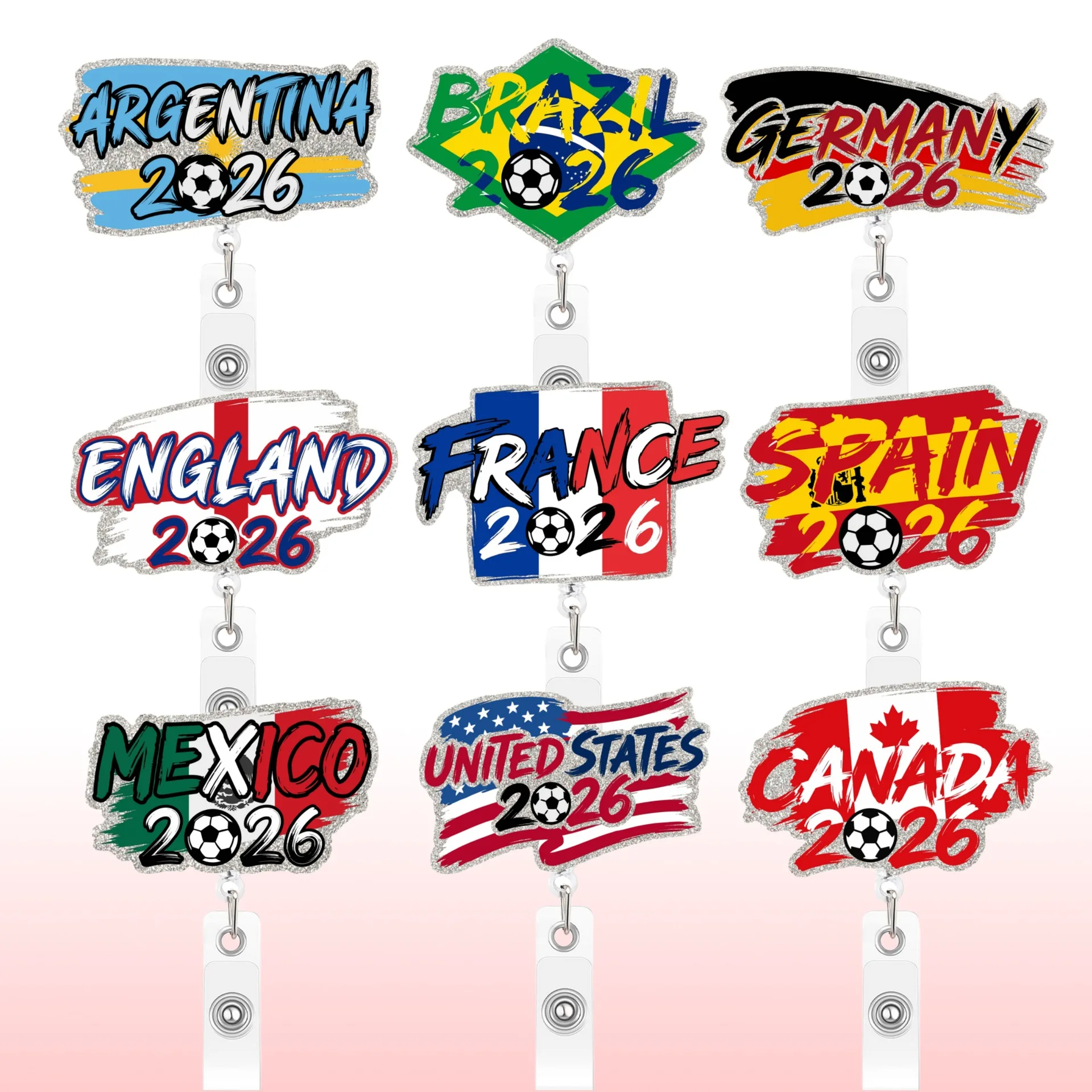 2026 Soccer Fan Badge Reel Retractable Glitter Country Flag ID Holder for Nurse Teacher Coworker