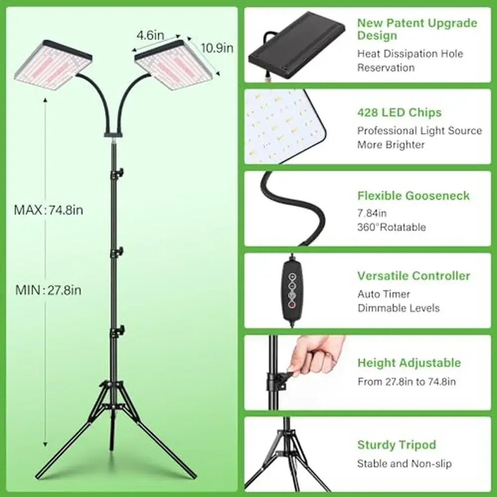 ล่าสุด Full Spectrum Dual-HEAD LED Grow Light โคมไฟตั้งพื้นพร้อมตัวจับเวลา 428 LEDs พืชในร่ม Premium Design สูง PPFD หรี่แสงได้