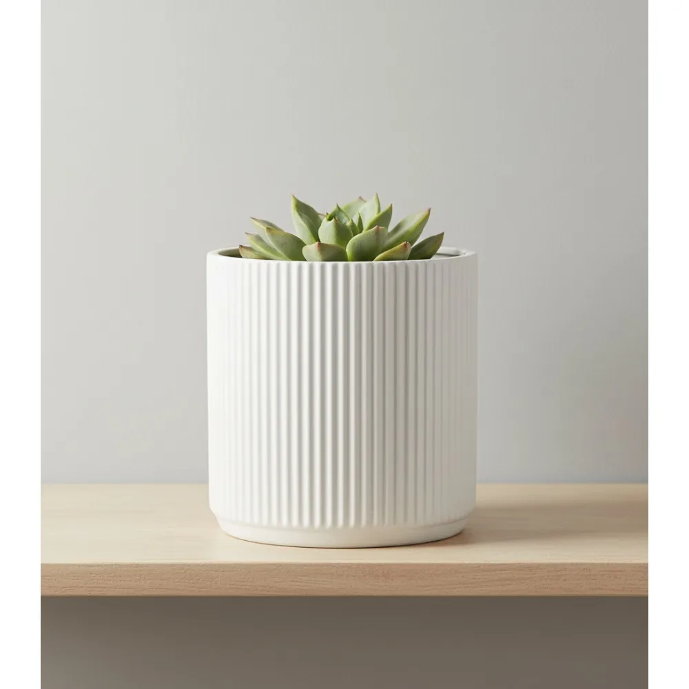 

Elegant White Fluted Ceramic Planter, 8-Inch Round Pot with Drainage Hole for Succulents Herbs Flowers Indoor Outdoor Gardening