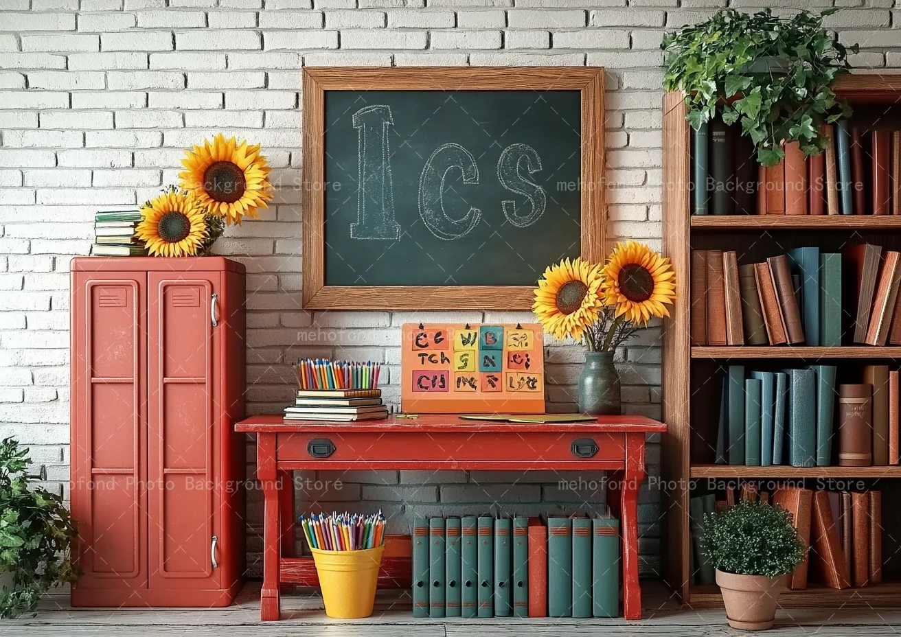 Mehofond 写真撮影背景 新学期 レッドアイアン収納キャビネット 木製テーブルチェア キッズファミリーポートレート背景装飾