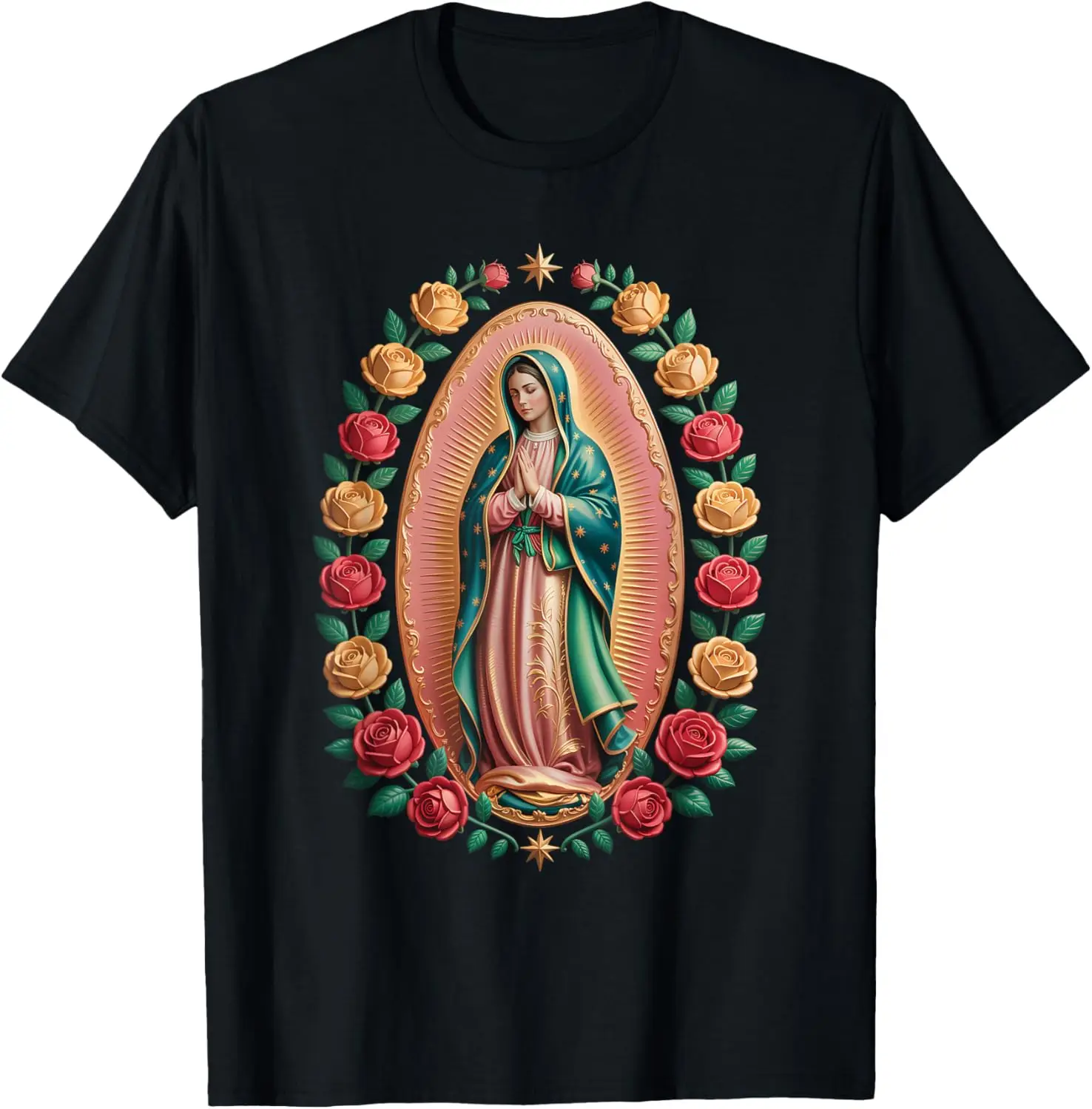 

Our Lady of Guadalupe Virgin Mary Graphic Tee Floral Wreath Religious Christian Apparel