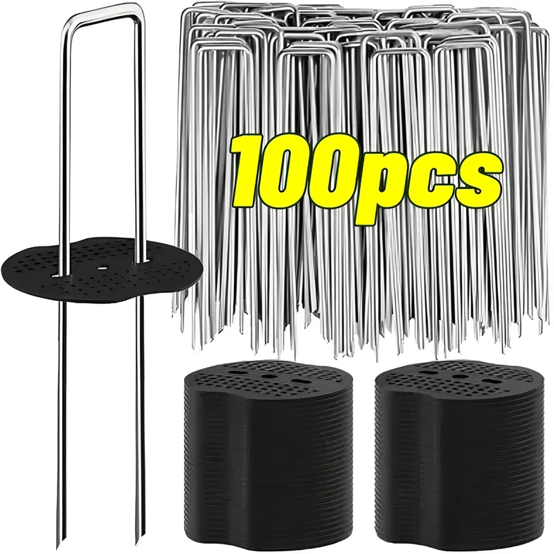 100-400Pcs U-shaped Ground Pegs with Buffer Washers Garden Pegs for Securing Weed Landscape Fabric Netting Garden Lawn Accessory