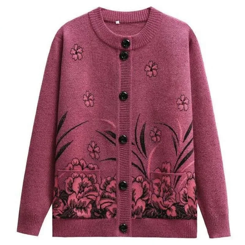 

Middle aged elderly Pocket Jacquard Knitted Cardigan Jacket 5XL Autumn Winter Slim Long sleeved Sweater Coat Women's Knitwears